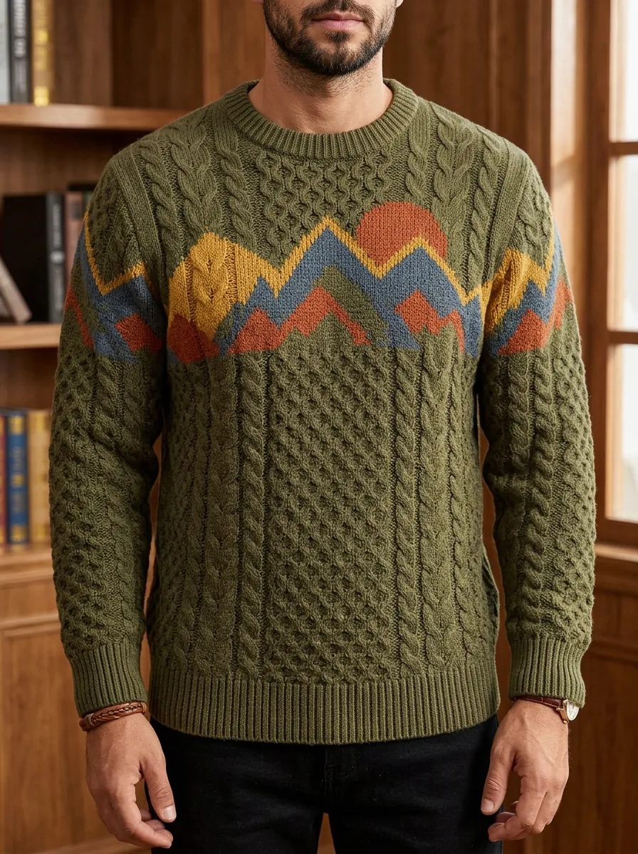 Men's Mountain Intarsia Cable Knit Sweater