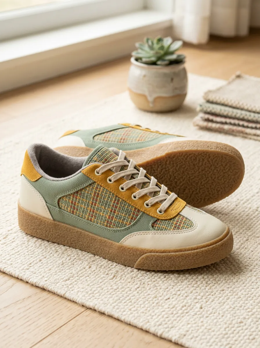 Women's Vintage Plaid Patterned Green Yellow Printed Sneakers