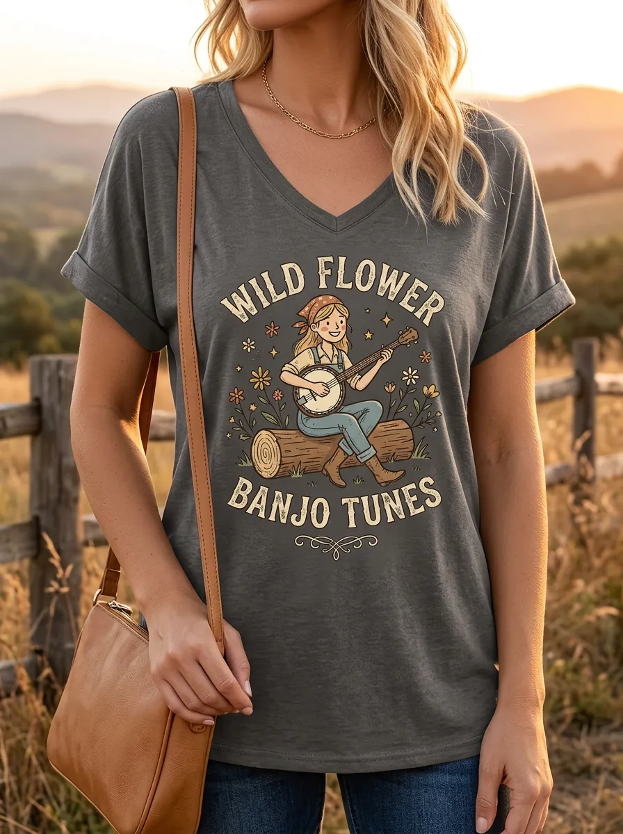 Floral Banjo Campfire Women's V-Neck T-Shirt