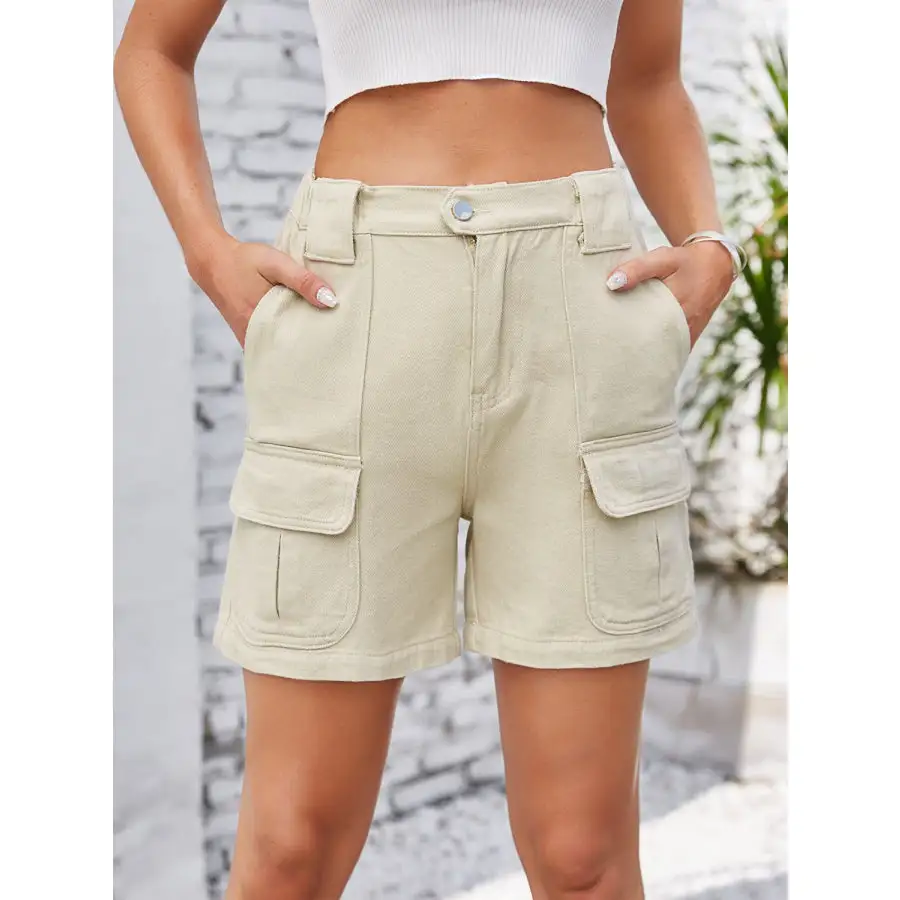 High Waist Pocketed Washed Denim Shorts
