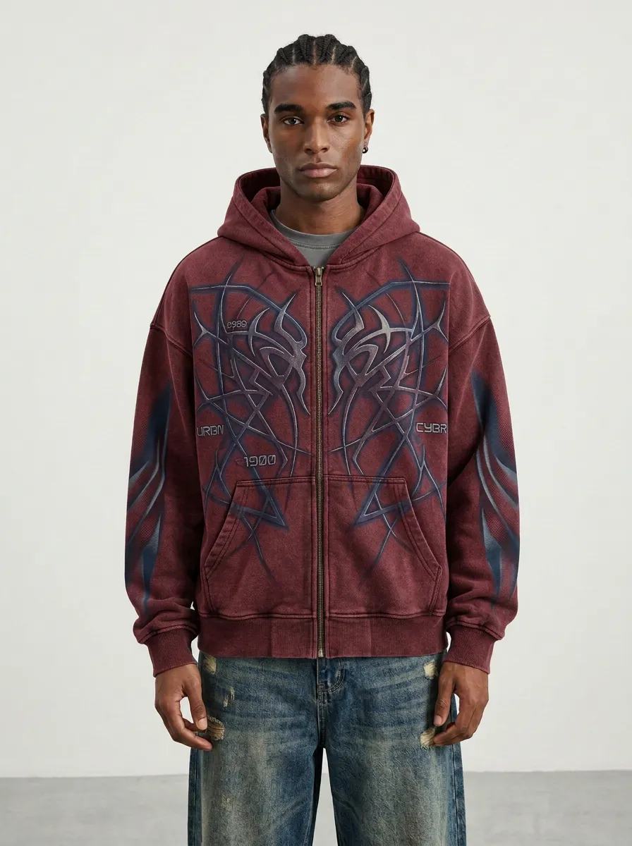 Men's Streetwear Cyber Tribal Graphic Printed Zip-up Hoodie