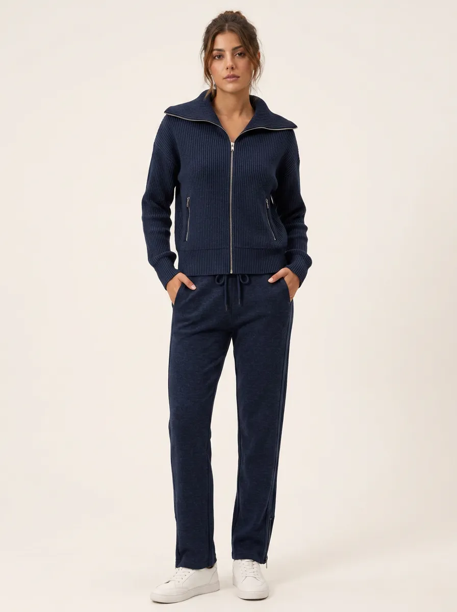 Women's Navy Ribbed Zip-Up Knit Tracksuit Set