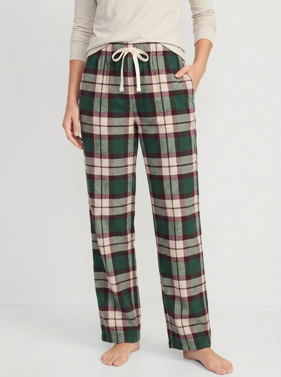 Women's Casual Holiday Green Plaid Printed Pajama Pants