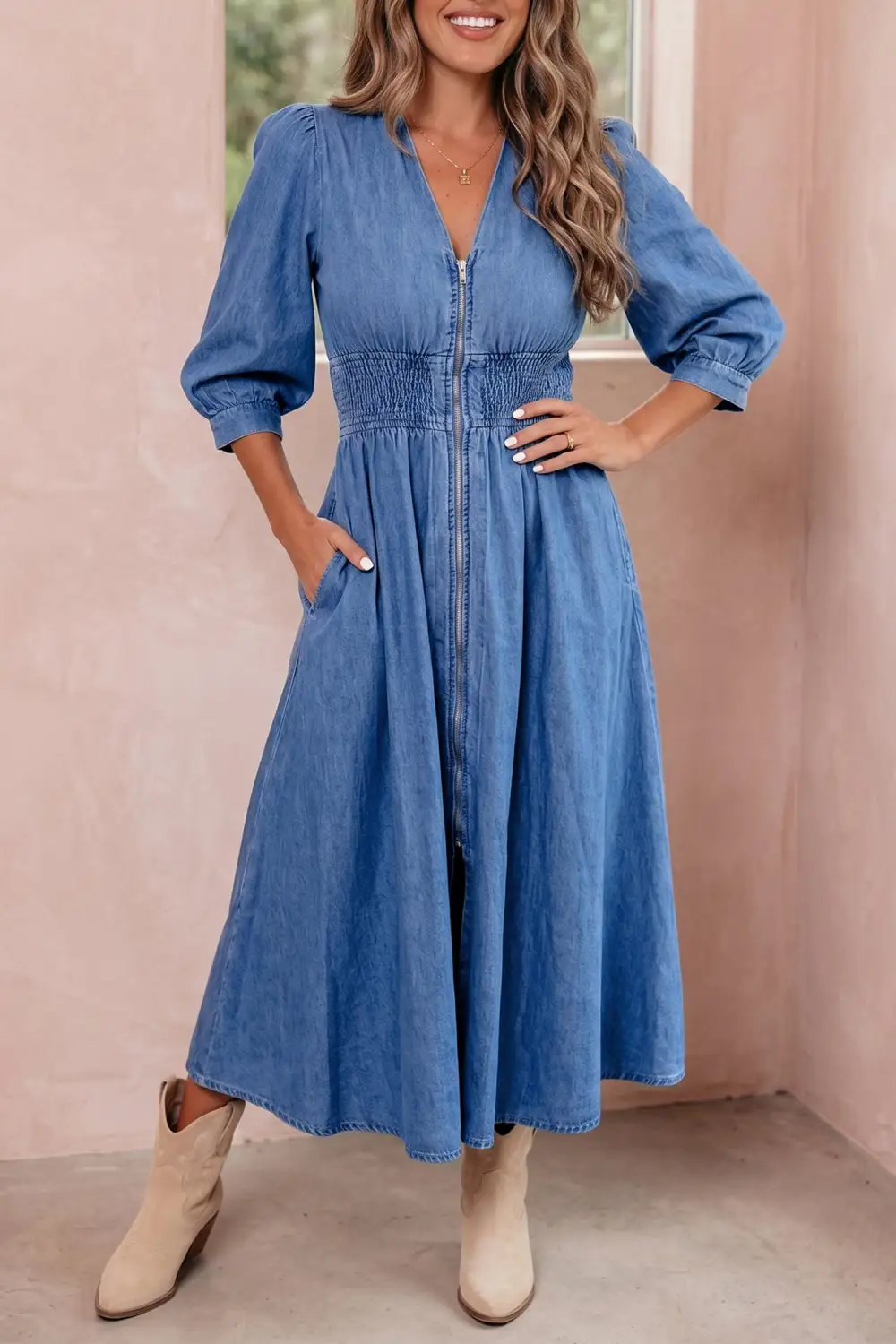 V Neck Shirred Waist Metal Zipper Midi Dress