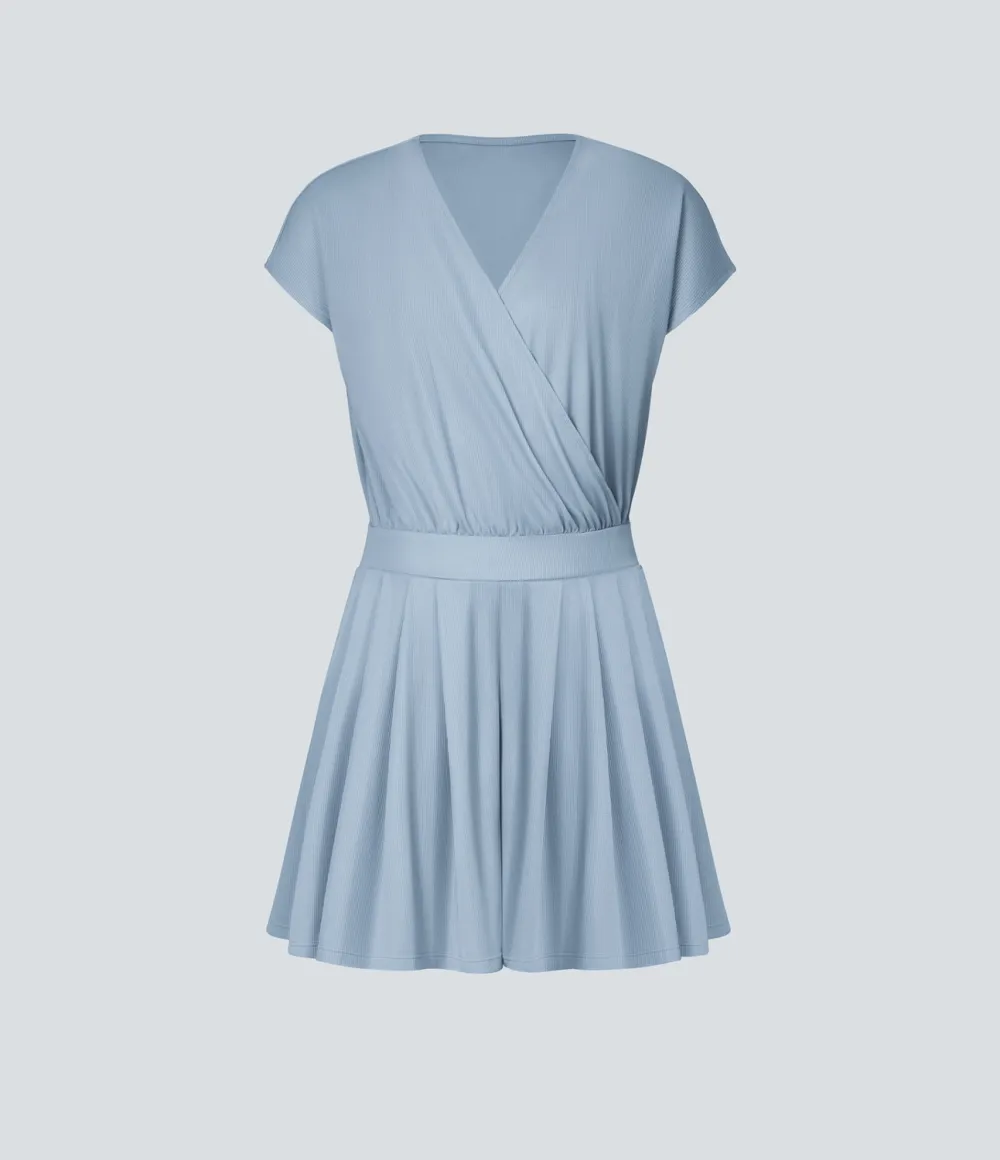 V Neck Short Sleeve Pocket Waffle Casual Romper