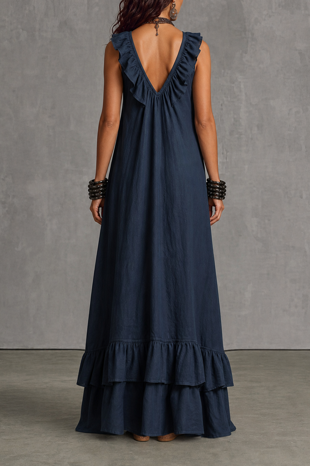 Classic Plunge Neck Ruffle Maxi Dress