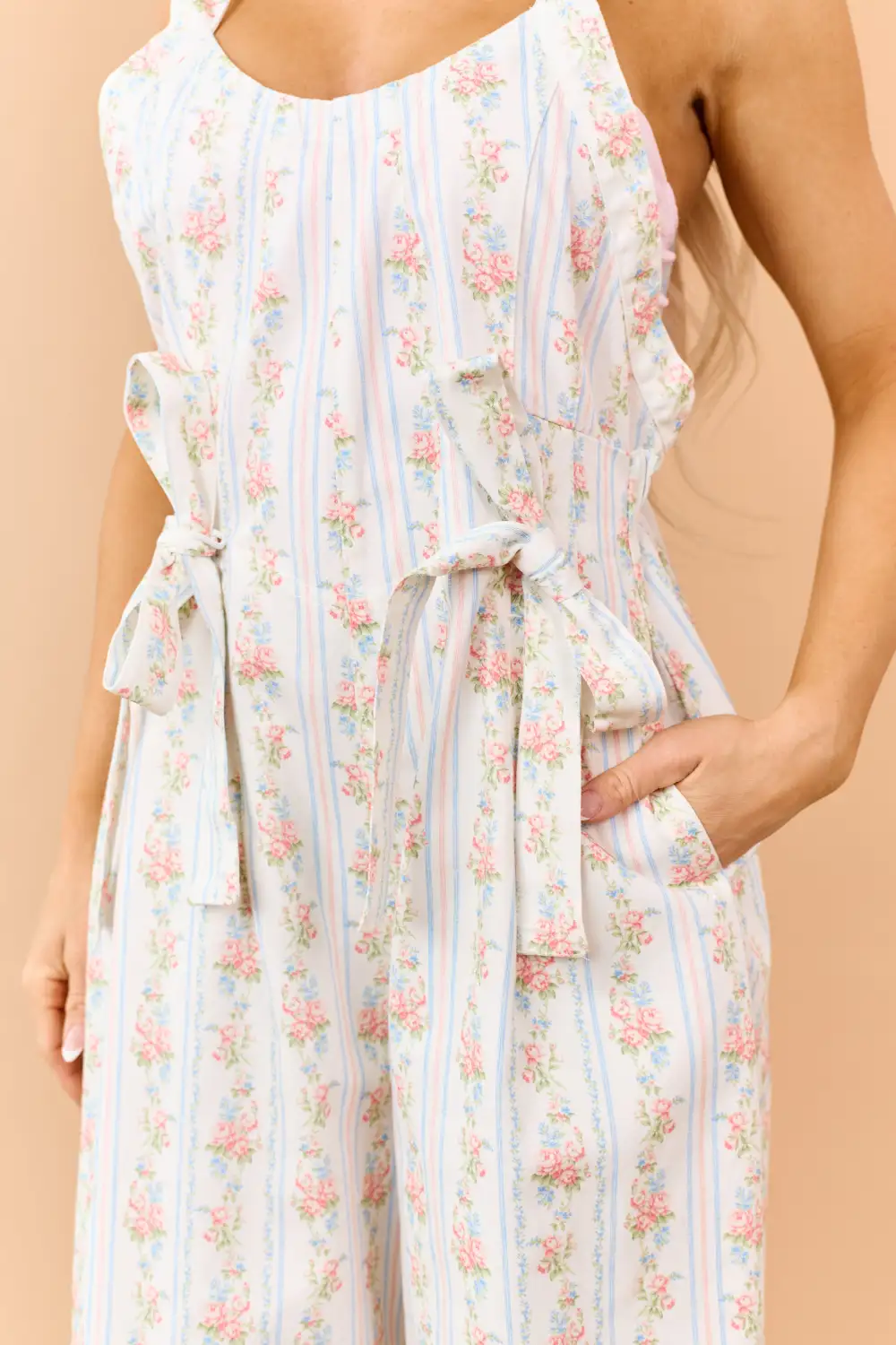 Floral Stripe Print Denim Bow Detail