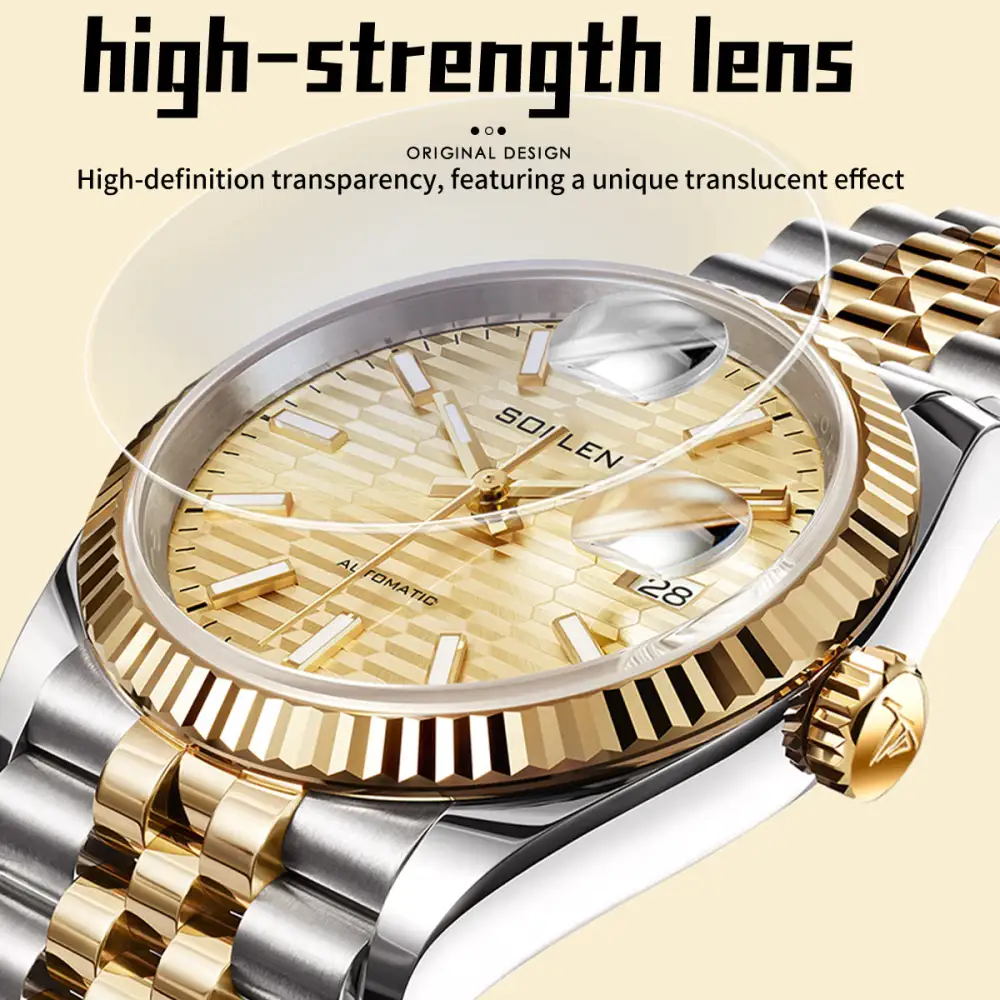 Sollen 9062 Automatic Watch - Men's Classic 36mm Fluted Bezel Cyclops Date 5-Bead Steel Bracelet Wristwatch