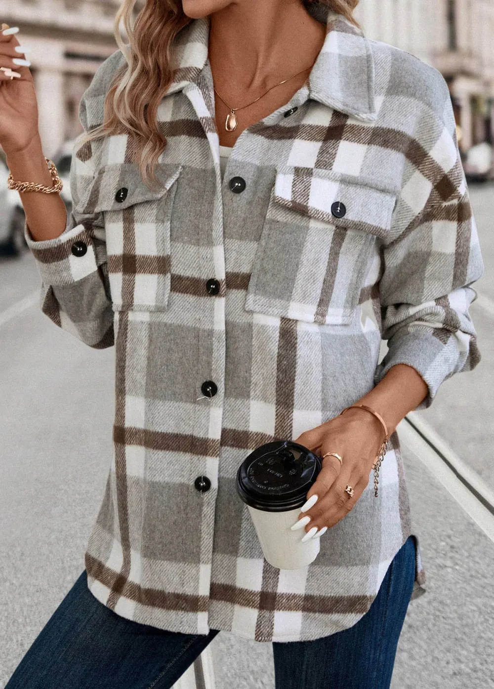Light Grey Pocket Plaid Long Sleeve Shirt Collar Coat