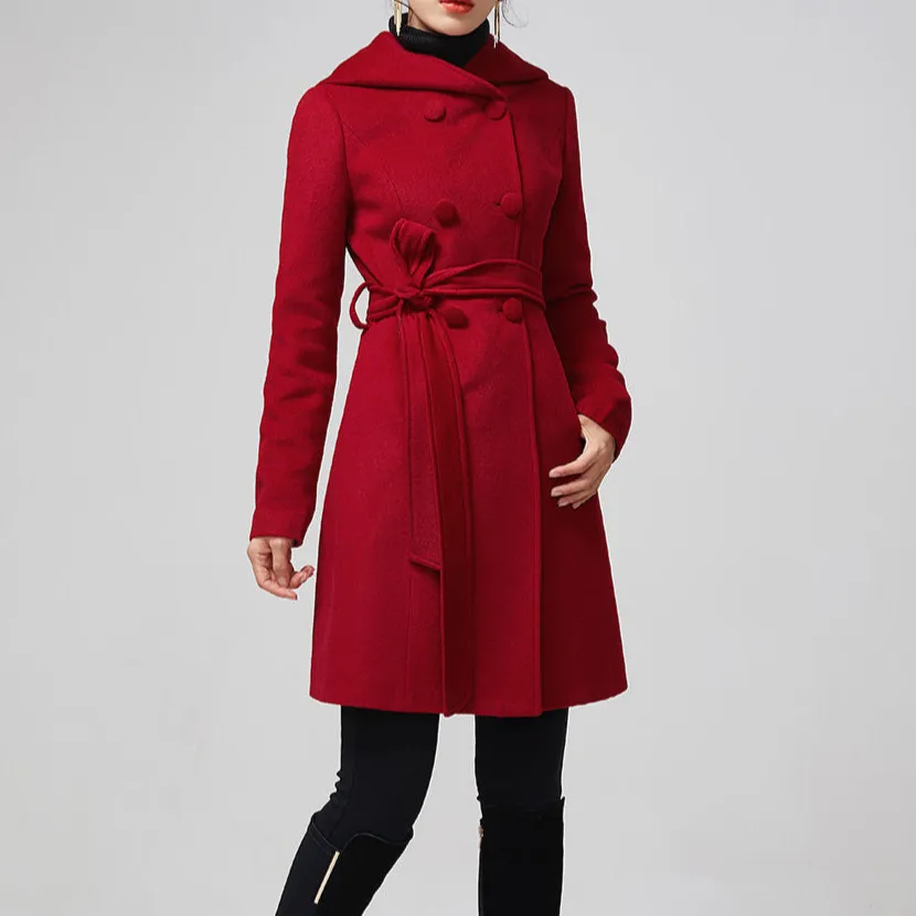 Refined Wool Blend Hooded Double Breasted Pocketed Coat