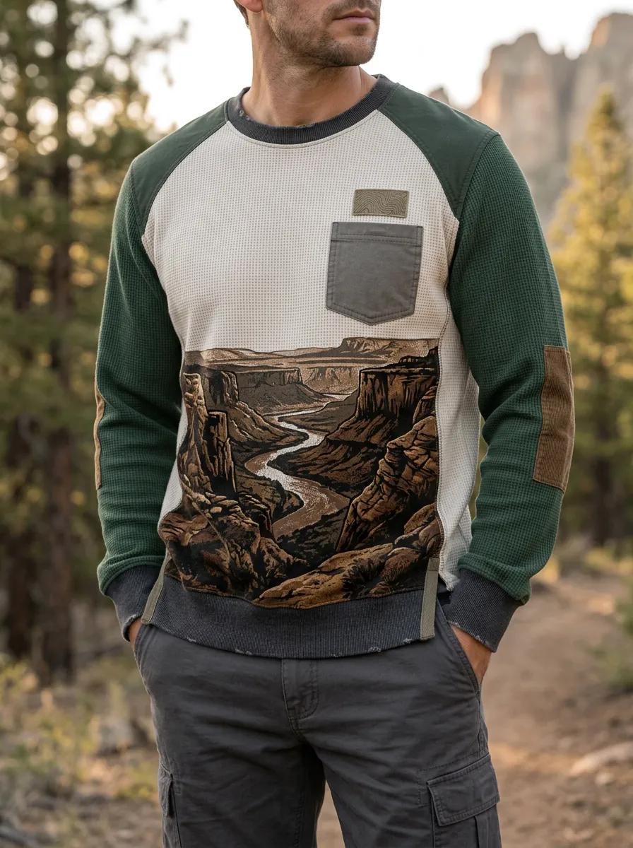 Men's Forest Green & Cream Landscape Graphic Waffle Knit Crewneck Sweatshirt