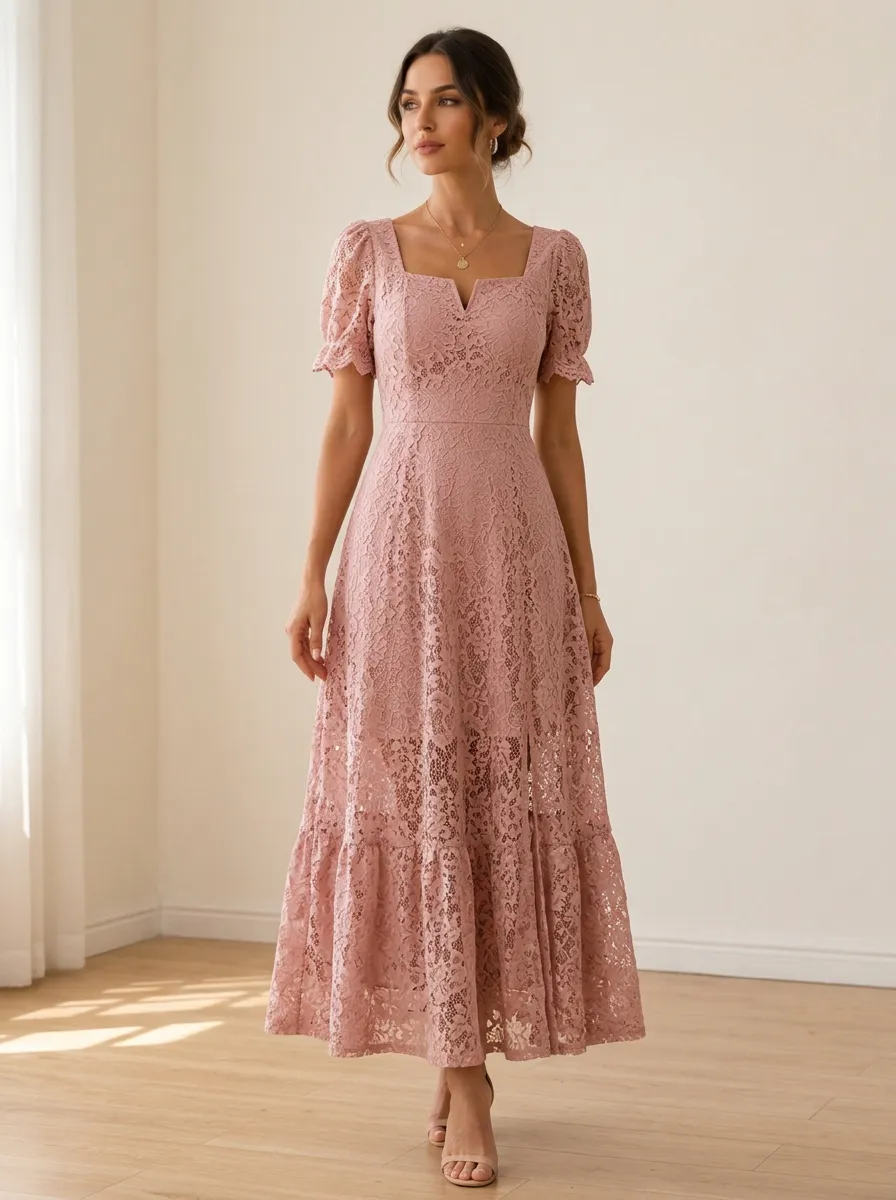 Women's Elegant Vintage Pink Floral Lace Printed Midi Dress
