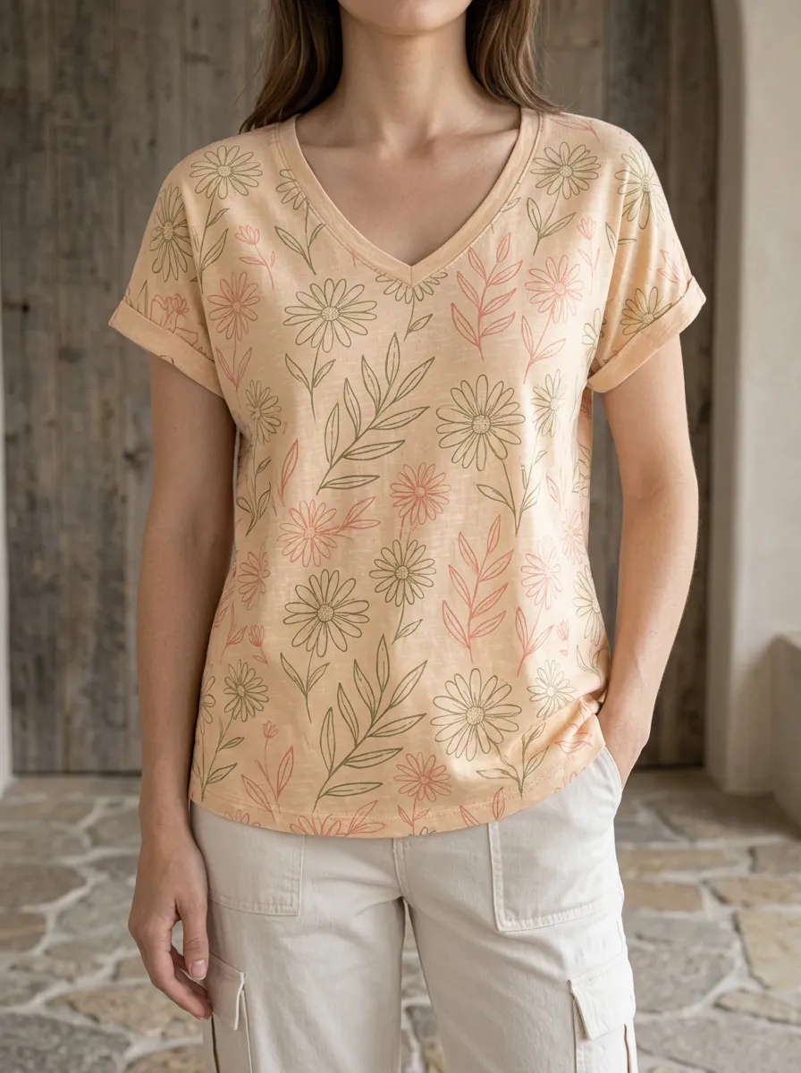 Women's Garden Floral Daisy Botanical V-Neck T-Shirt