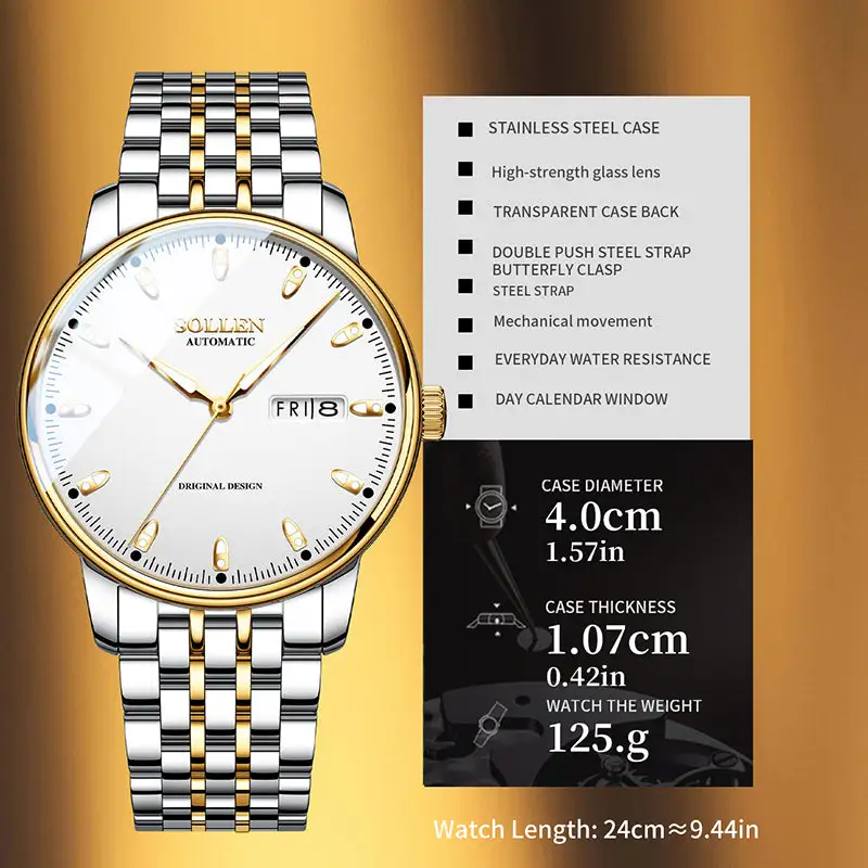 Sollen 9051 Automatic Watch - Men's Full Day Date Sunray Dial 7-Bead Stainless Steel Bracelet Wristwatch
