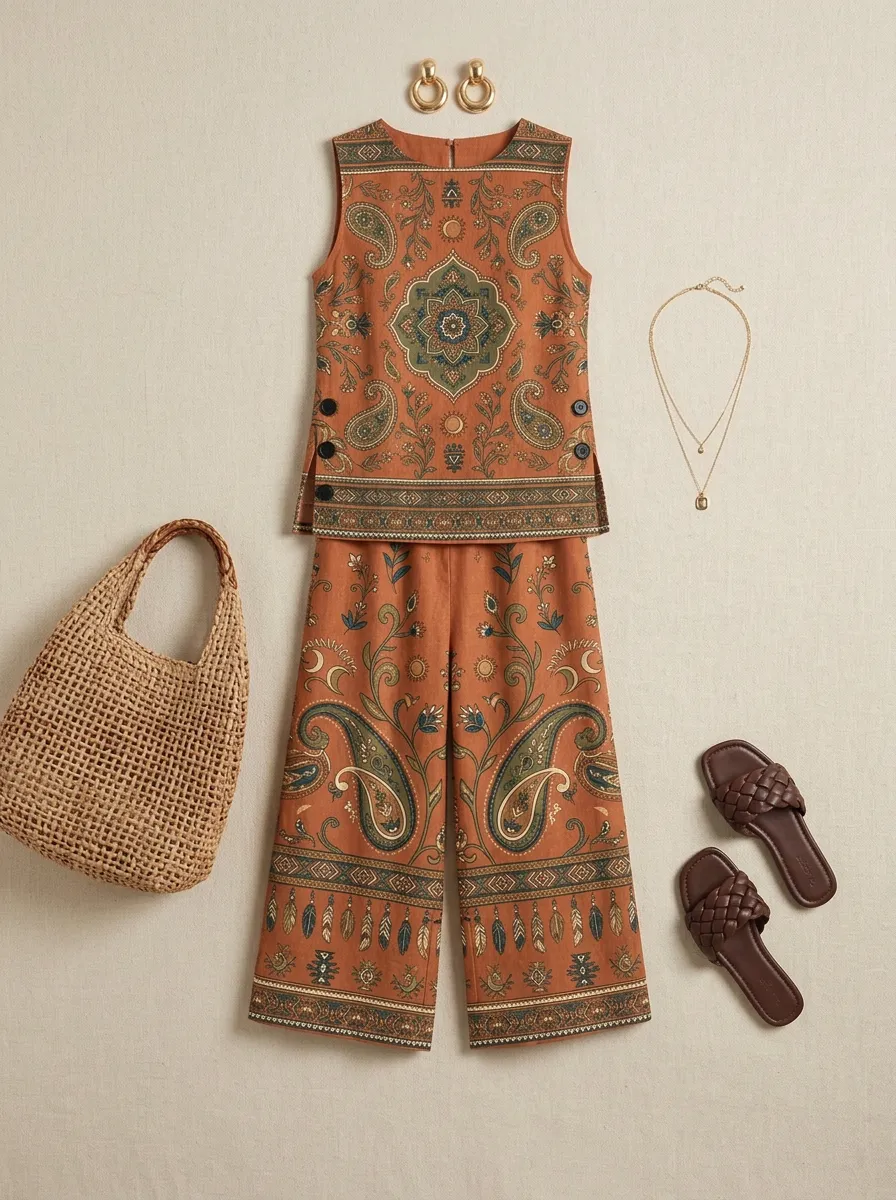 Women's Bohemian Paisley Floral Printed Sleeveless Set