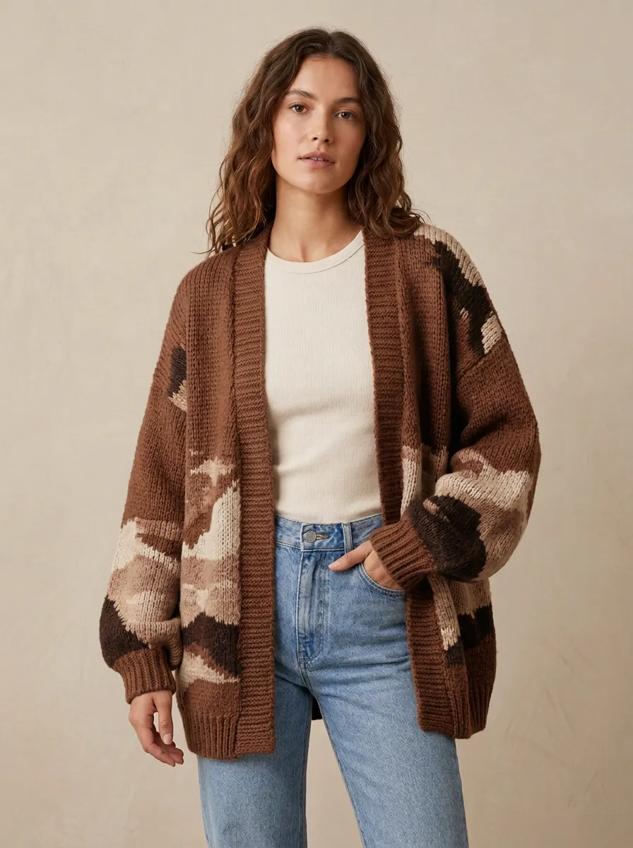 Women's Earthy Patchwork Knit Cardigan