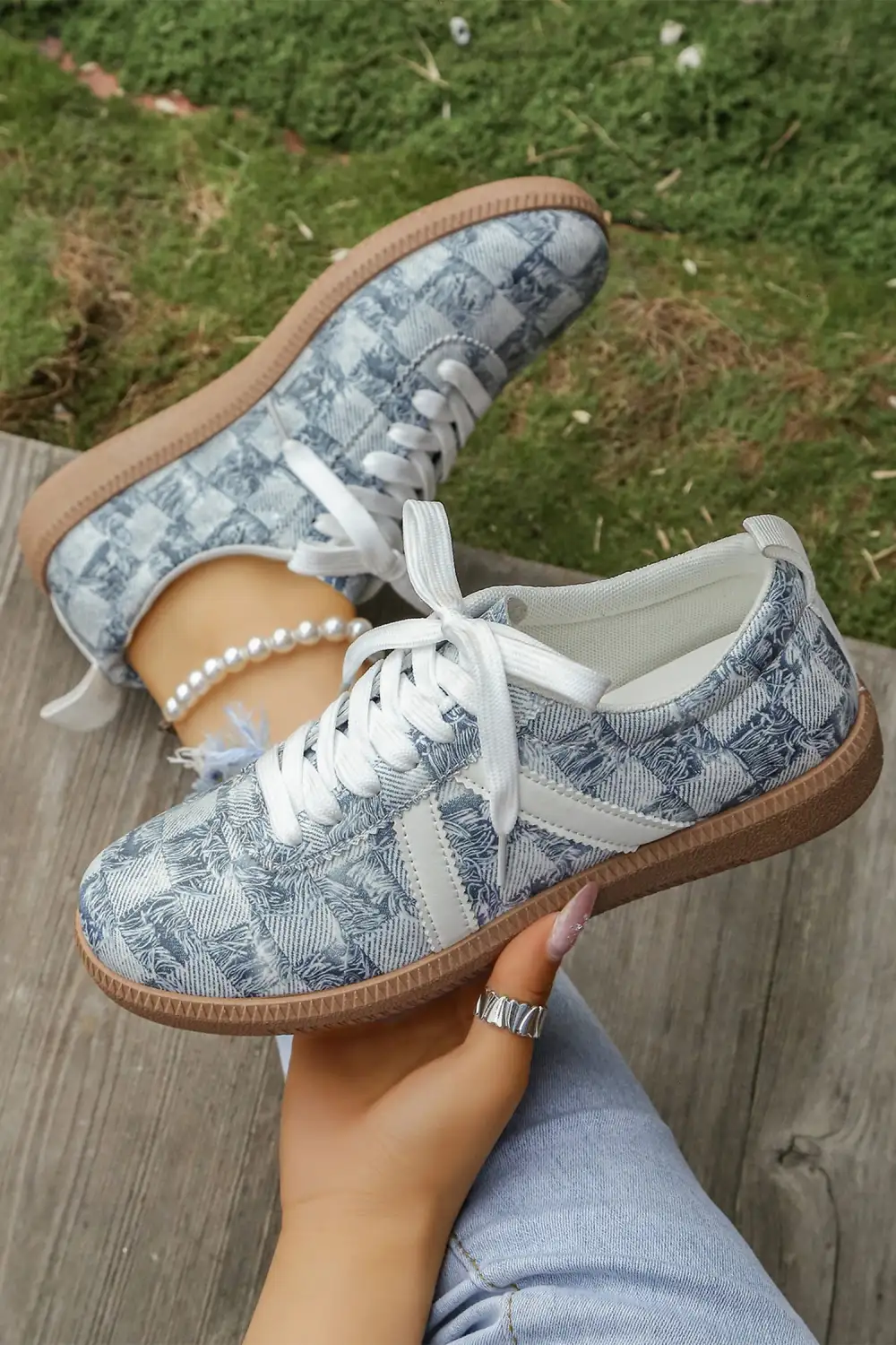 Checkered Denim Lace-Up Casual Sneakers