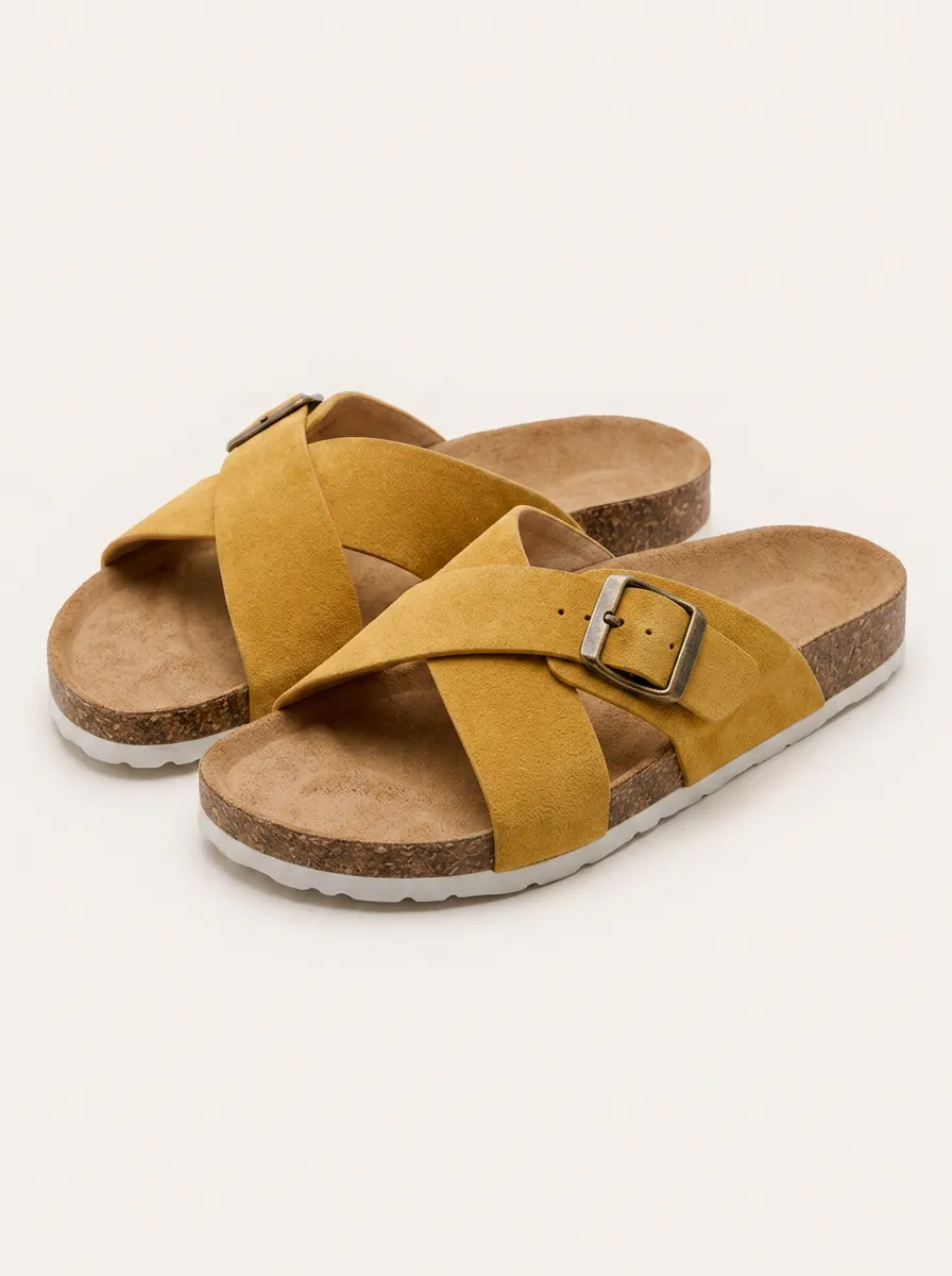 Women's Casual Summer Mustard Yellow Cross Strap Buckle Cork Sandals
