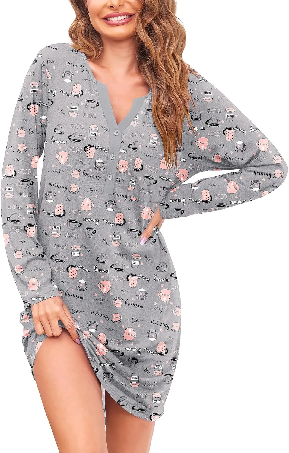 Ekouaer Women's Nightgowns Long Sleeve Button Down V Neck Pajama Dress