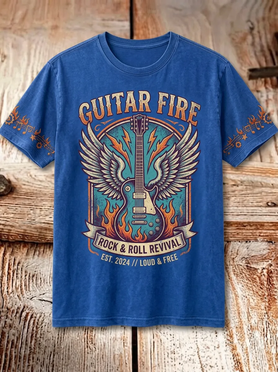 Unisex Rock Music Lover Winged Guitar Fire Printed T-shirt