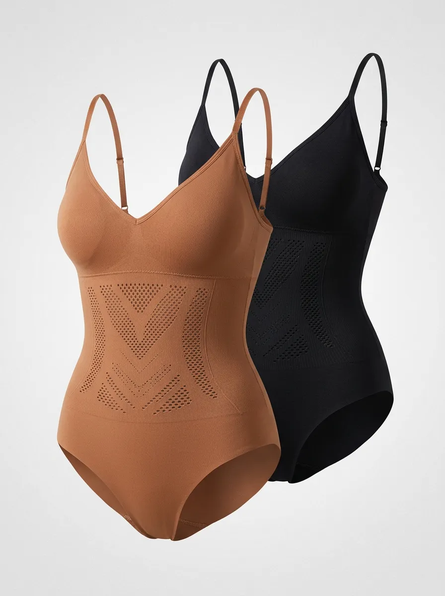 Patterned V-Neck Two-Pack Shapewear Bodysuits