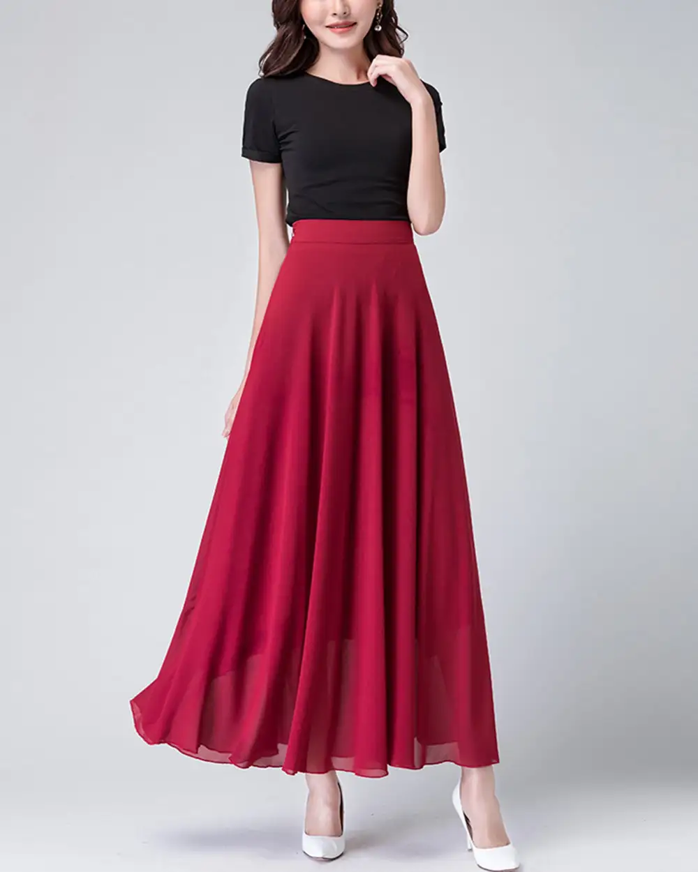 Everyday Elastic Waist Chiffon A Line Maxi Skirt