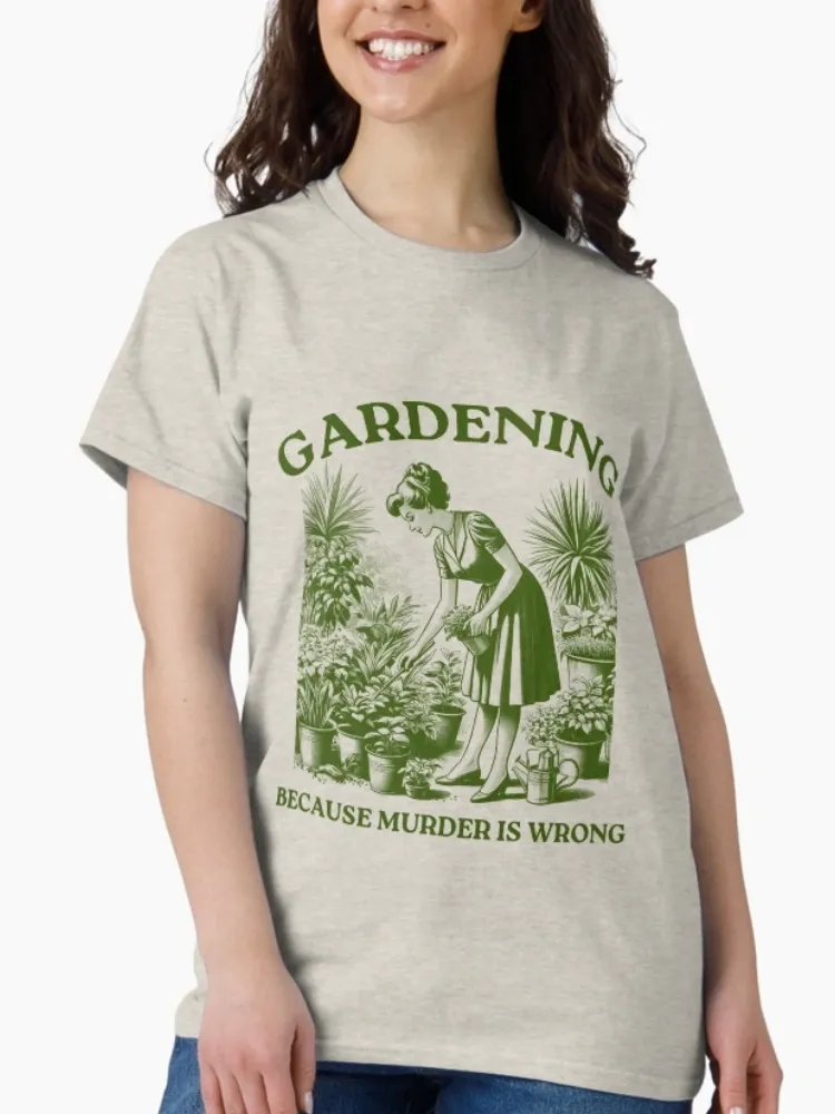 Women's Casual Gardening Scene Print Crew Neck Short-Sleeve T-Shirt