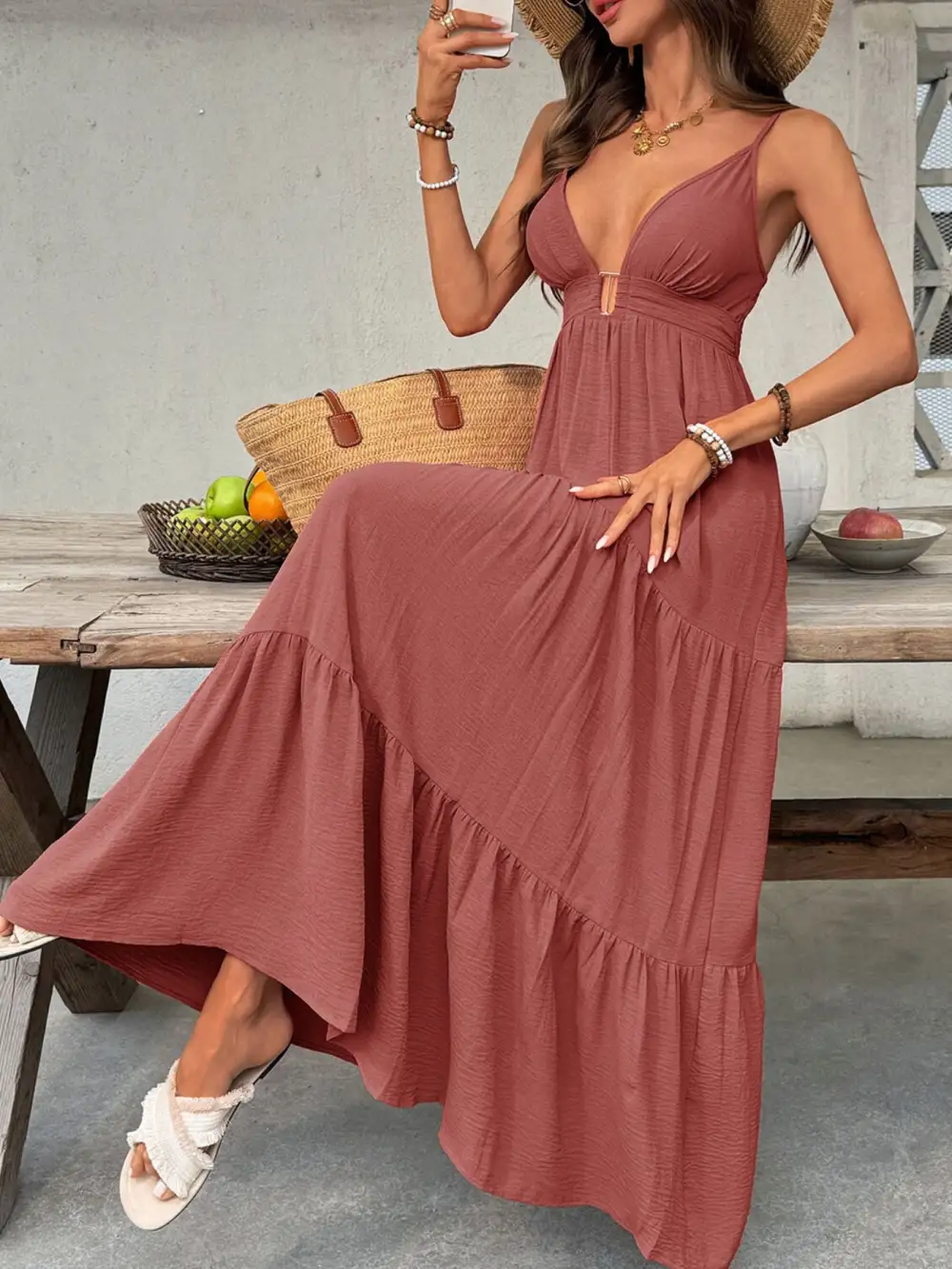 V Neck Tiered Maxi Dress