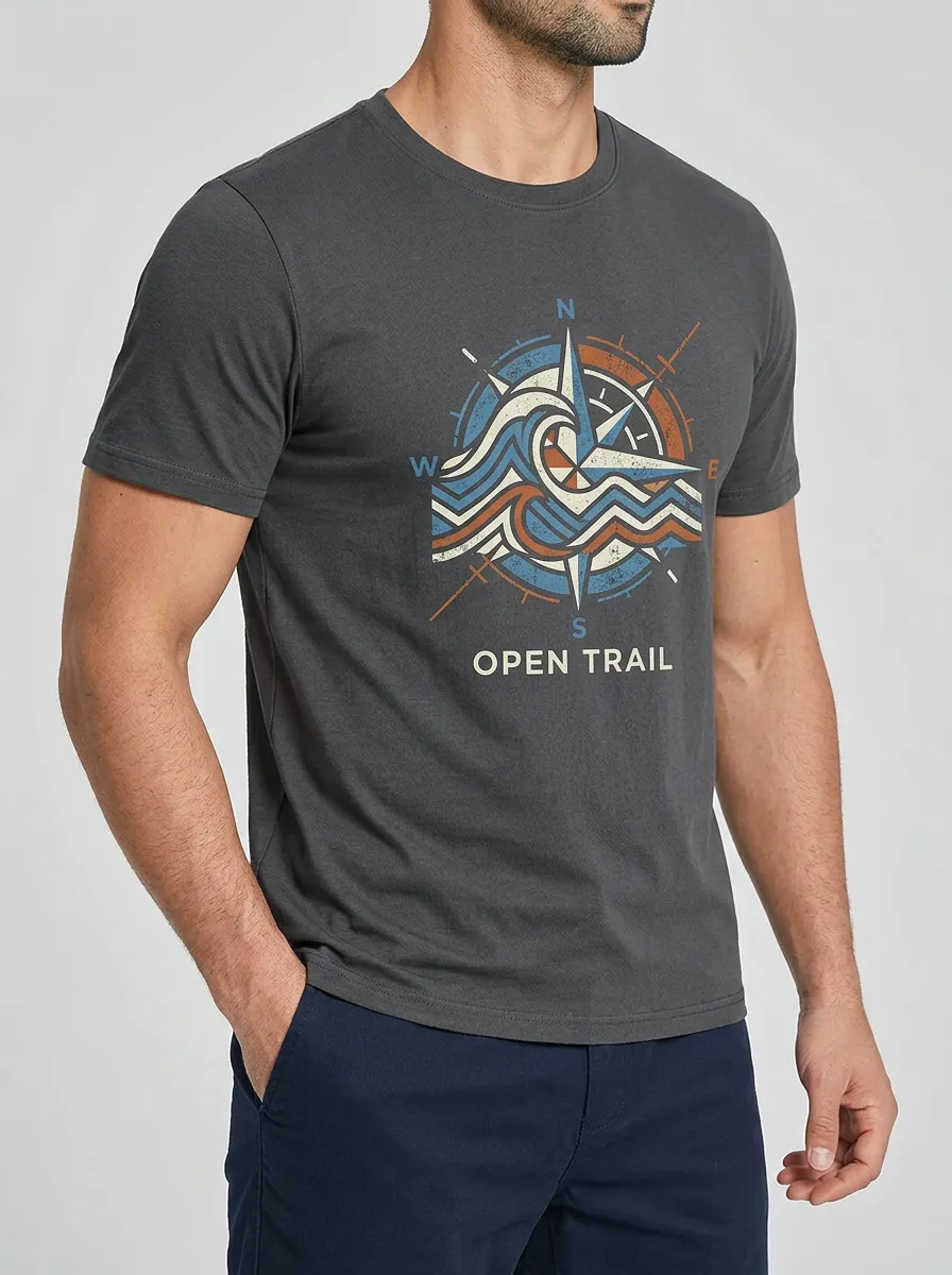 Men's Outdoor Adventure Compass Wave Printed T-shirt