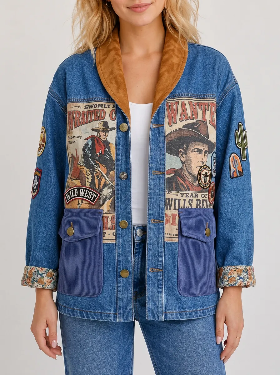 Women's Western Cowboy Wild West Wanted Poster Printed Denim Jacket