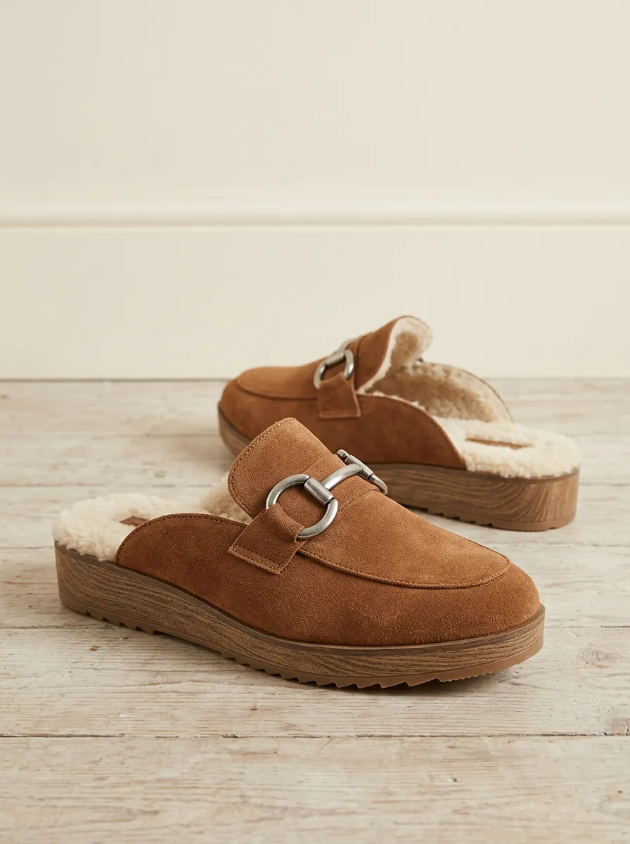 Women's Faux Fur Lined Buckle Detail Platform Casual Suede Wood Sole Loafers