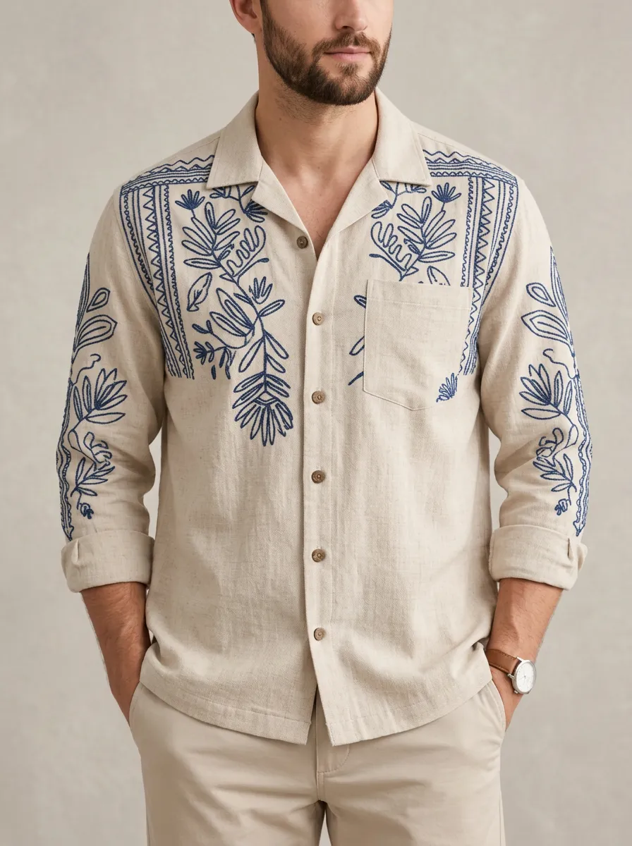 Men's Floral Boho Relaxed Embroidered Linen Shirt