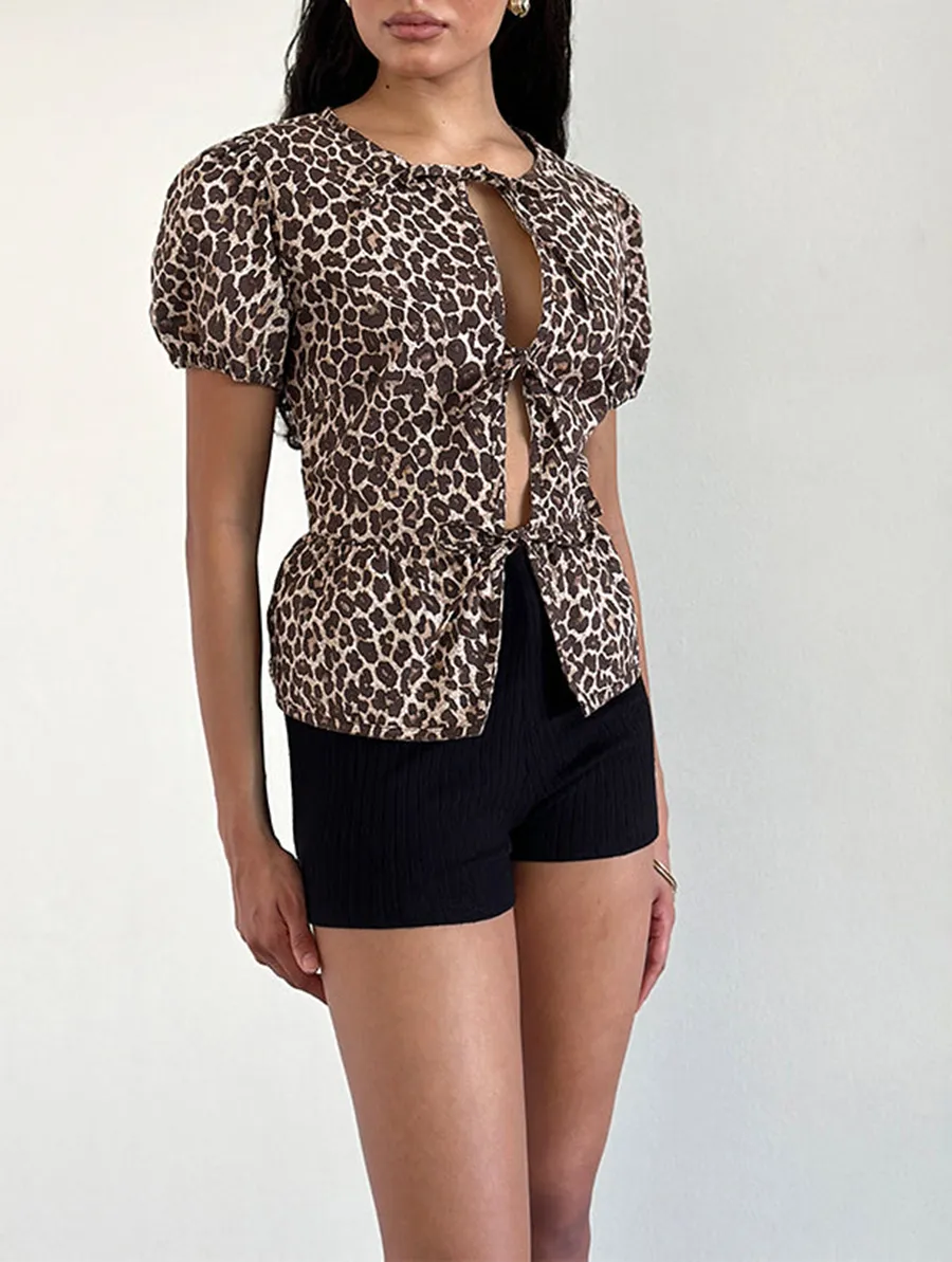 Leopard Sandstorm Tie Front Blouse