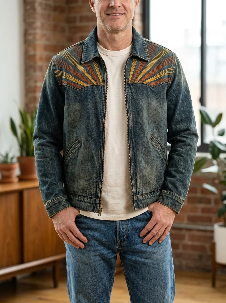 Men's Vintage Western Sunburst Printed Denim Jacket