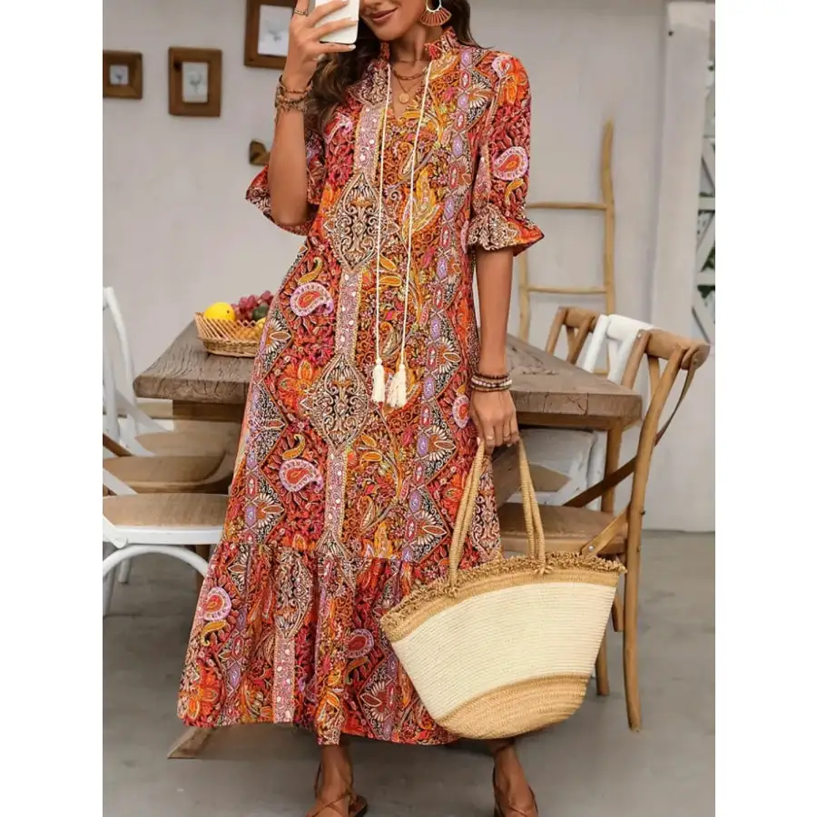 Tie Neck Flounce Sleeve Midi Dress