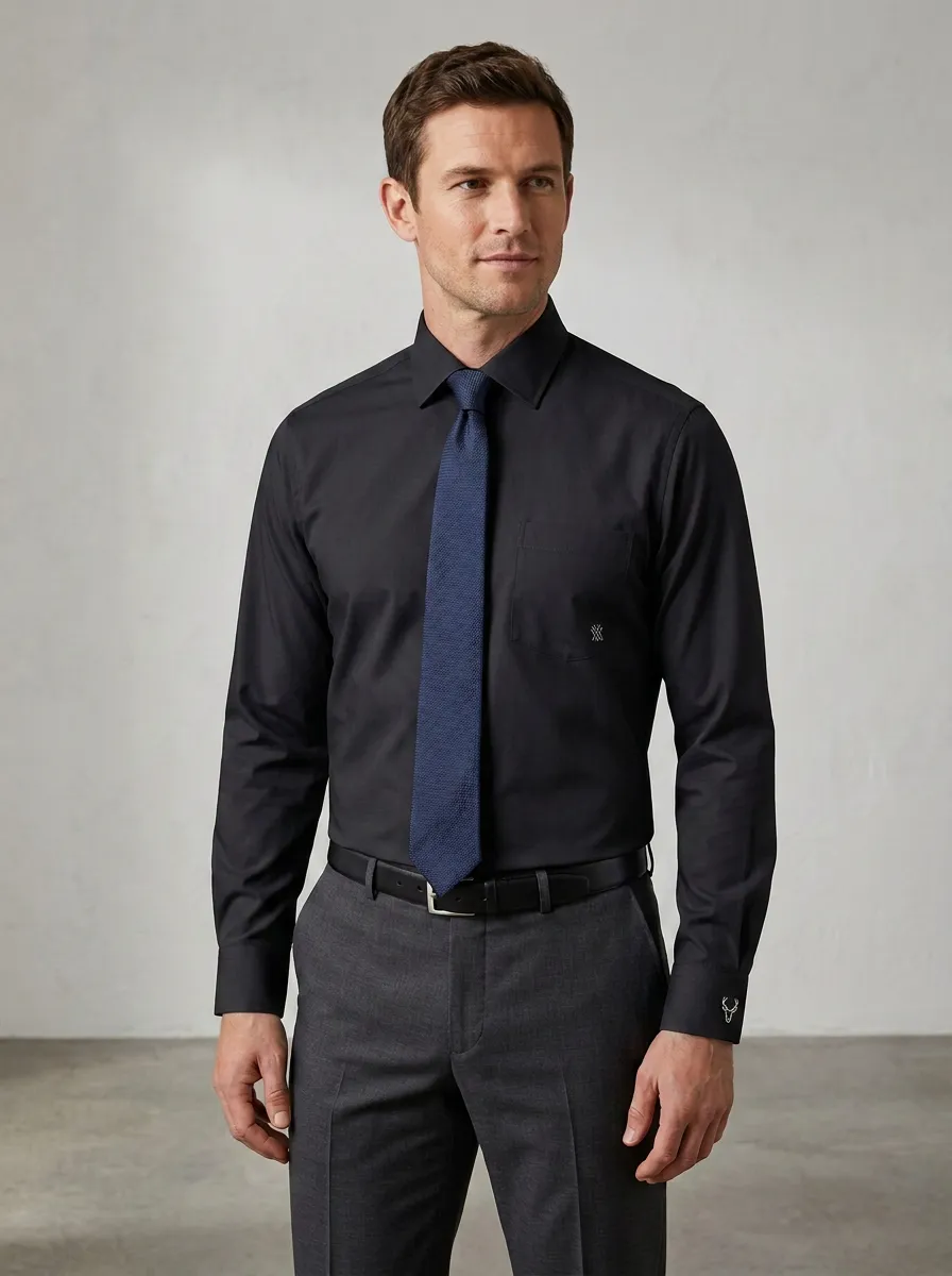 Men's Non-Iron Cotton Formal Embroidered Logo Long Sleeve Shirt