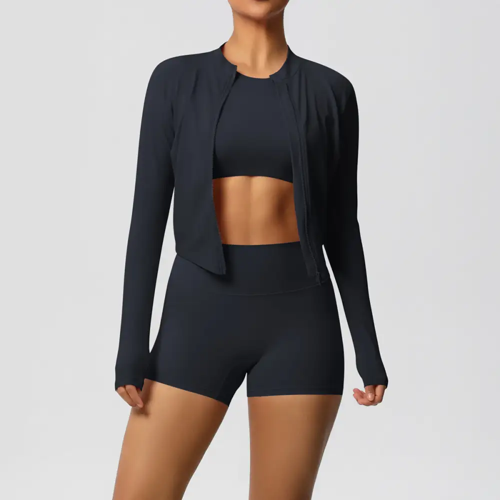 Zip-Front Long-Sleeve Jacket, Bra and Shorts Active Set