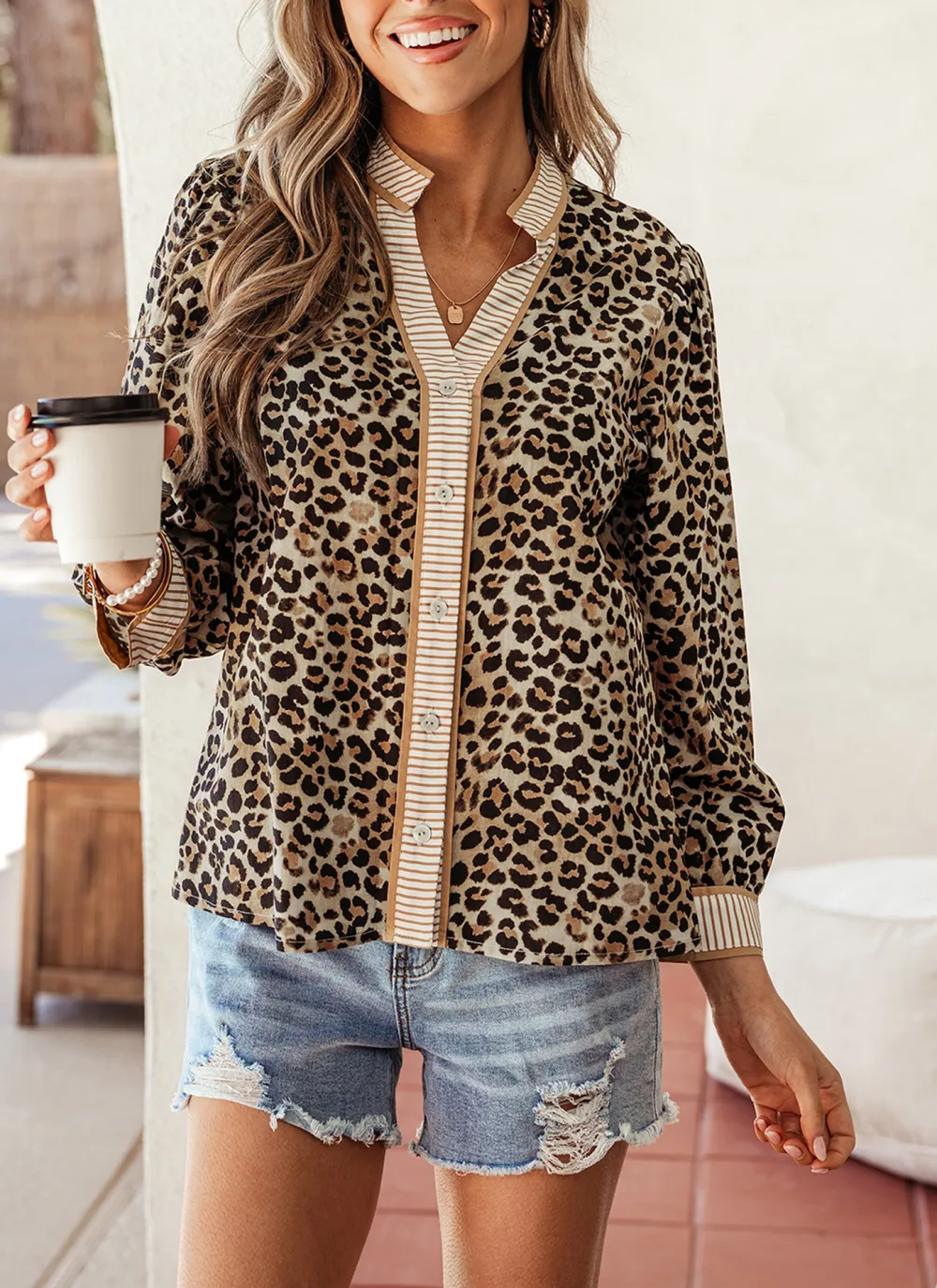 Women's Striped Leopard Print V Neck Blouse
