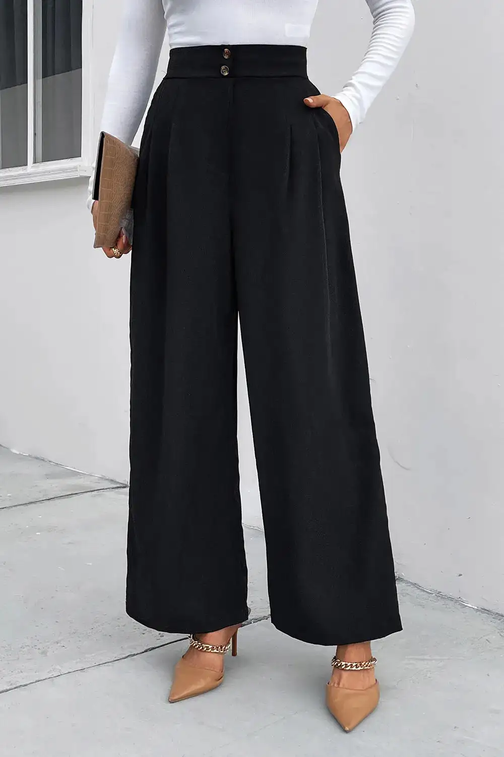 Wide Leg High Waist Pocketed Ruched Pants