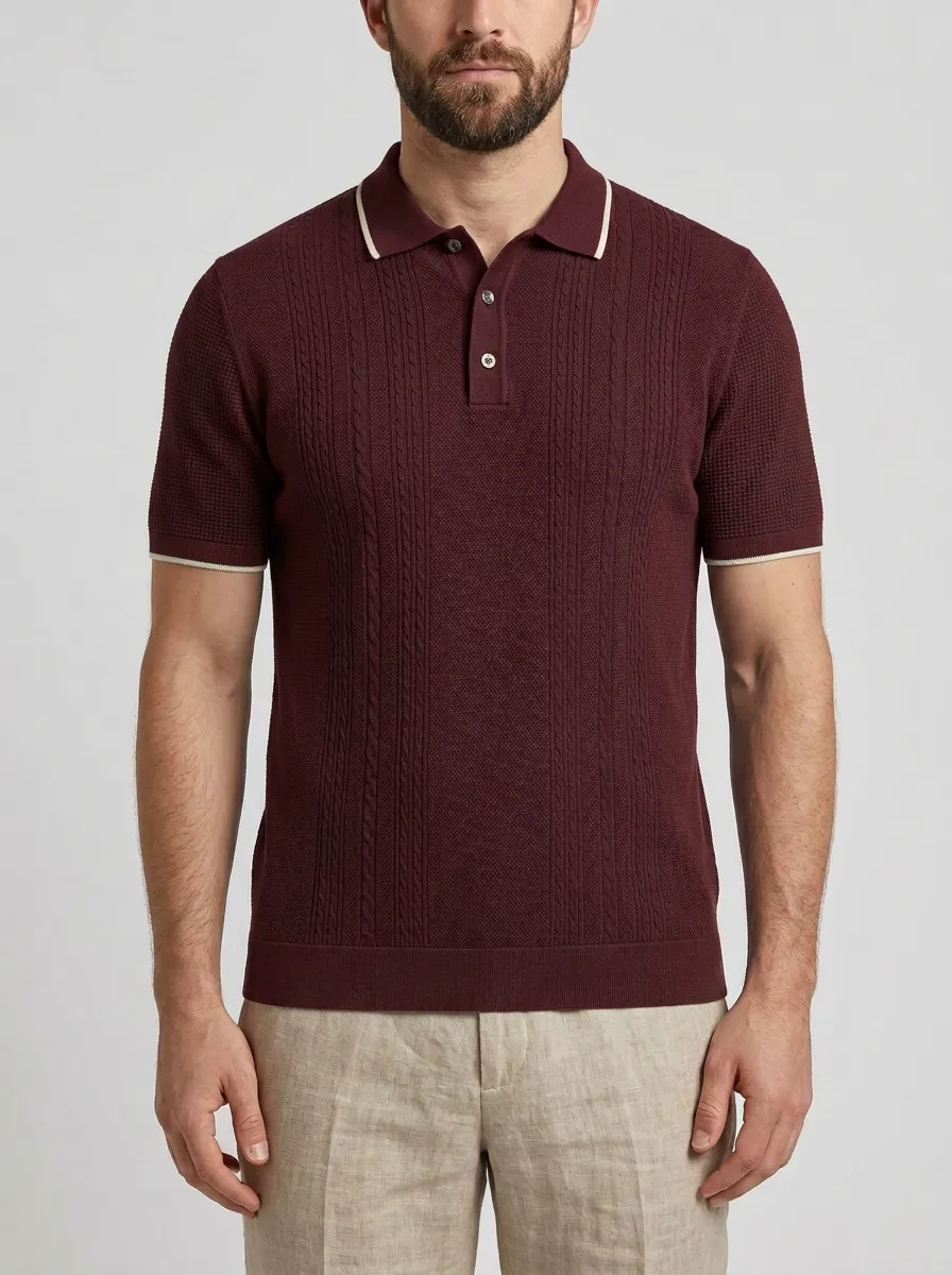 Men's Casual Navy Blue Cable Knit Textured Polo Shirt