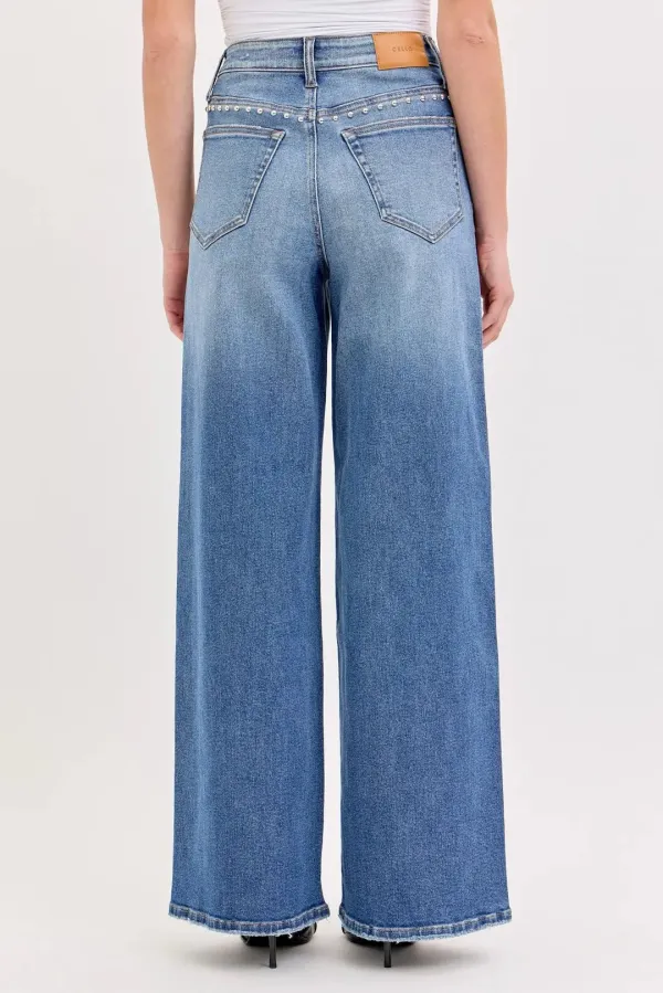 Studded High Rise Wide Leg Jeans