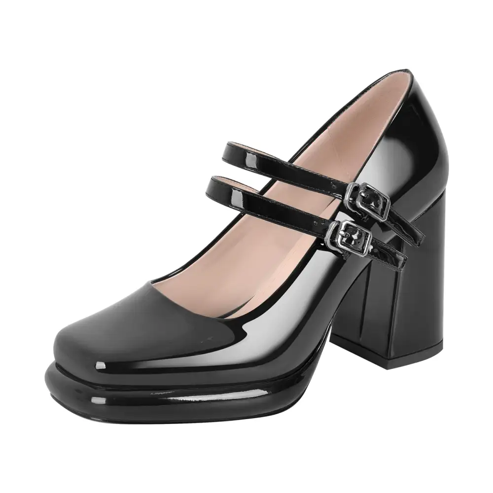 Patent Finish Square Toe Low Platform Chunky Heel Buckle Strap Pumps