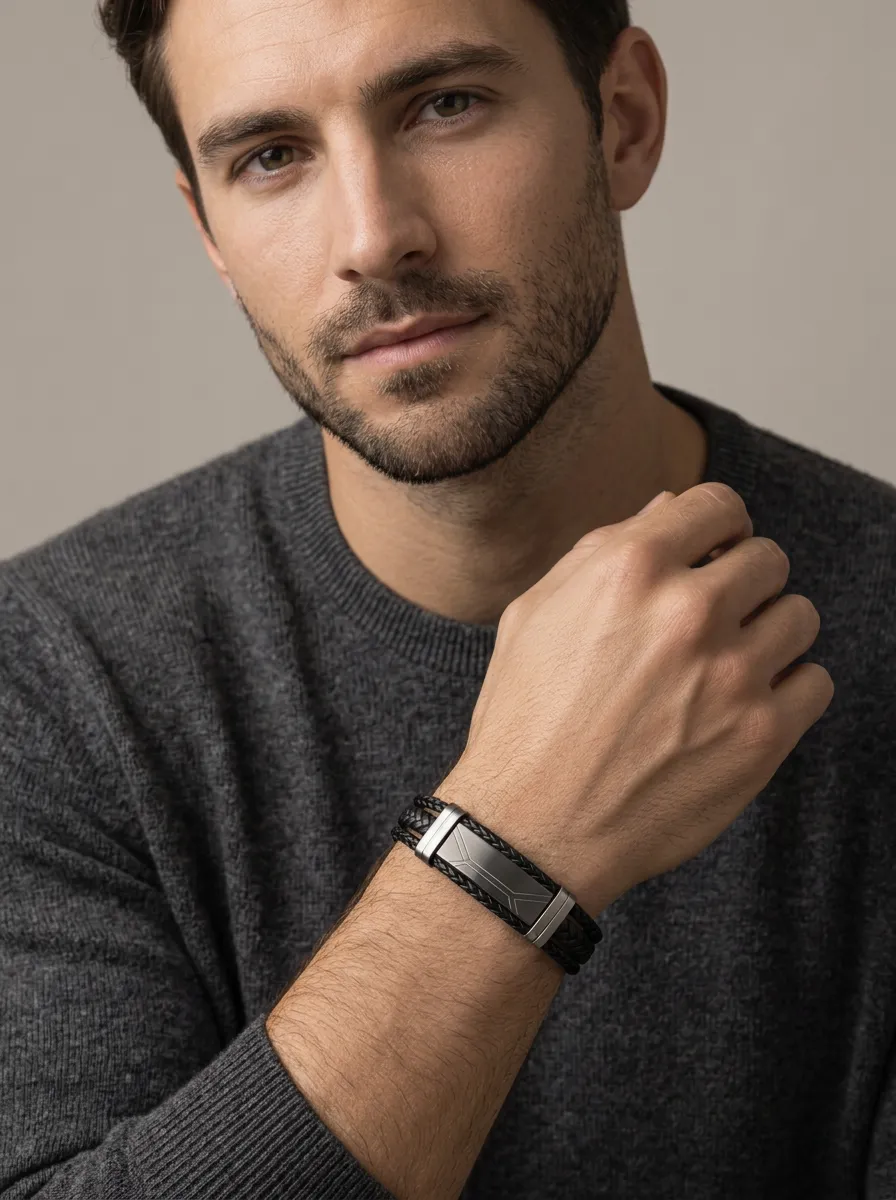 Men's Streamlined Geometric Engraved Braided Leather Bracelet