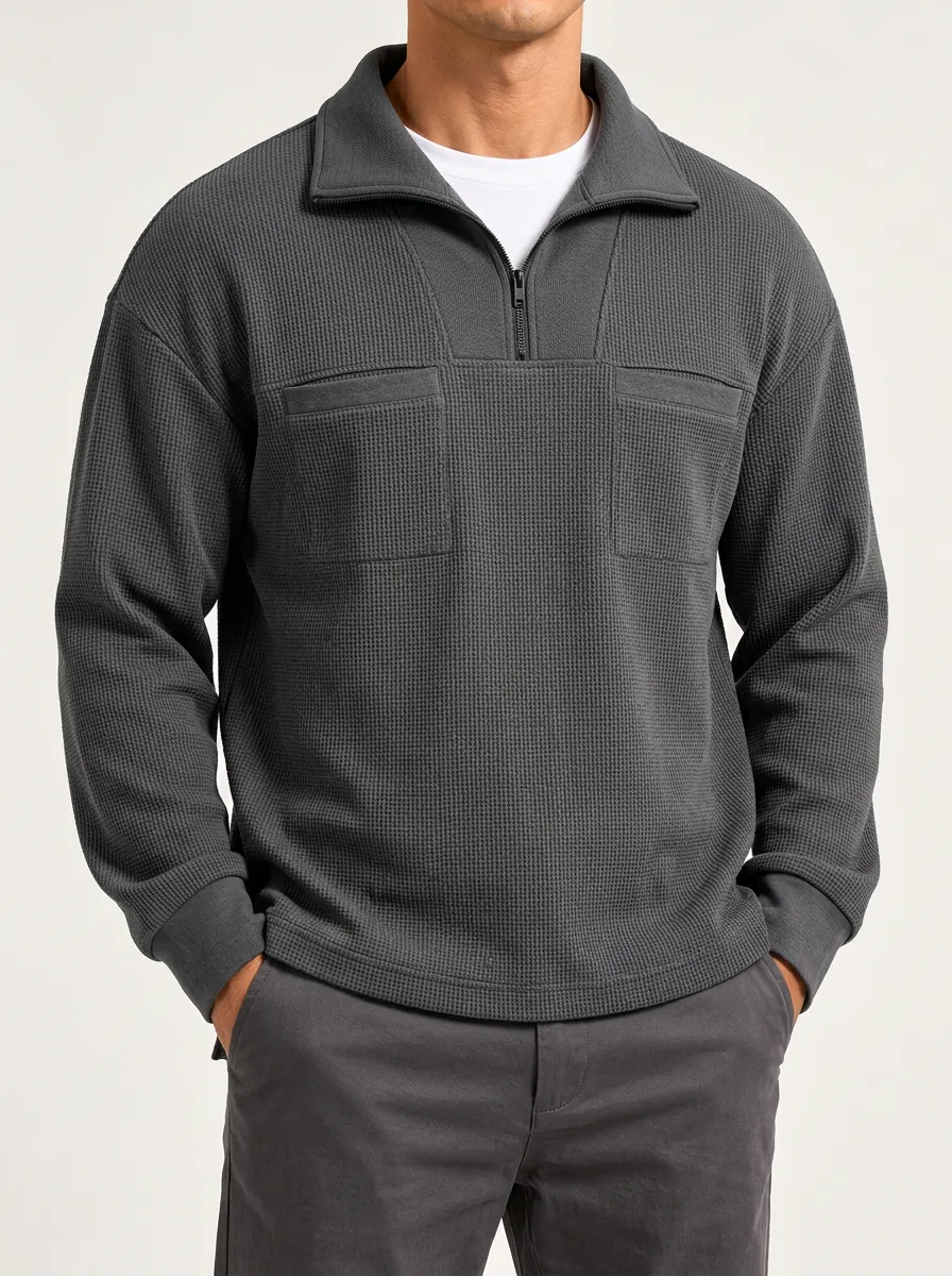 Contemporary Casual Waffle Knit Texture Quarter-Zip Sweatshirt
