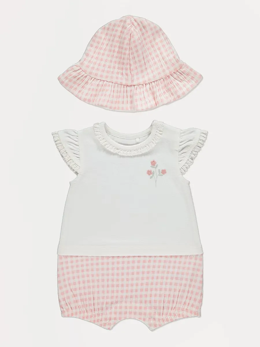 Pink Gingham Floral Romper and Hat Outfit