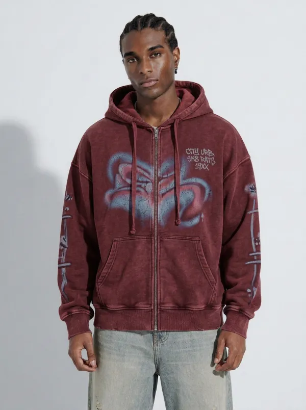 Men's Streetwear Urban Skater Graffiti Printed Zip-up Hoodie