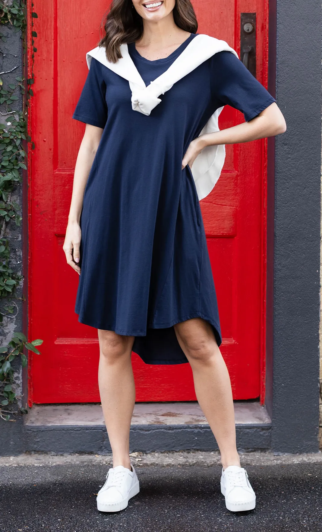 Above-Knee Cotton Pocket Round-Neck Short-Sleeve Draped High-Low-Hem T-Shirt Dress