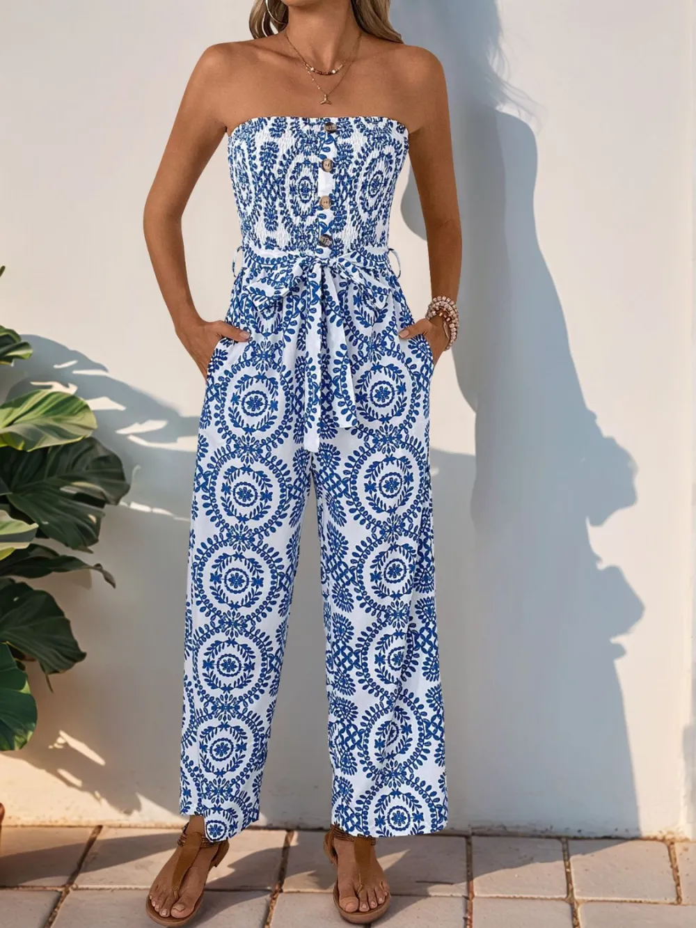 Smocked Tube Wide Leg Jumpsuit