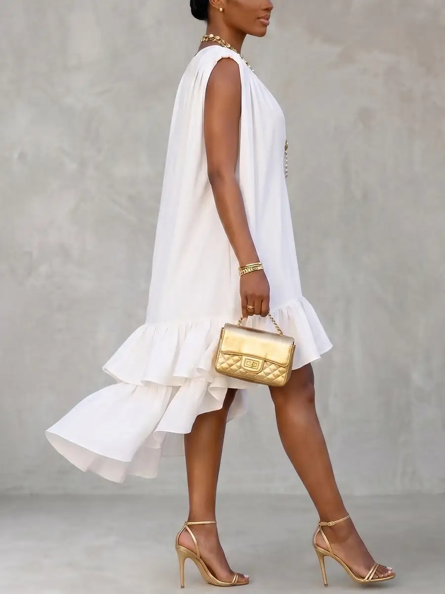 High Low Relaxed Pleated Ruffle Solid Color Deep V Neck Mini