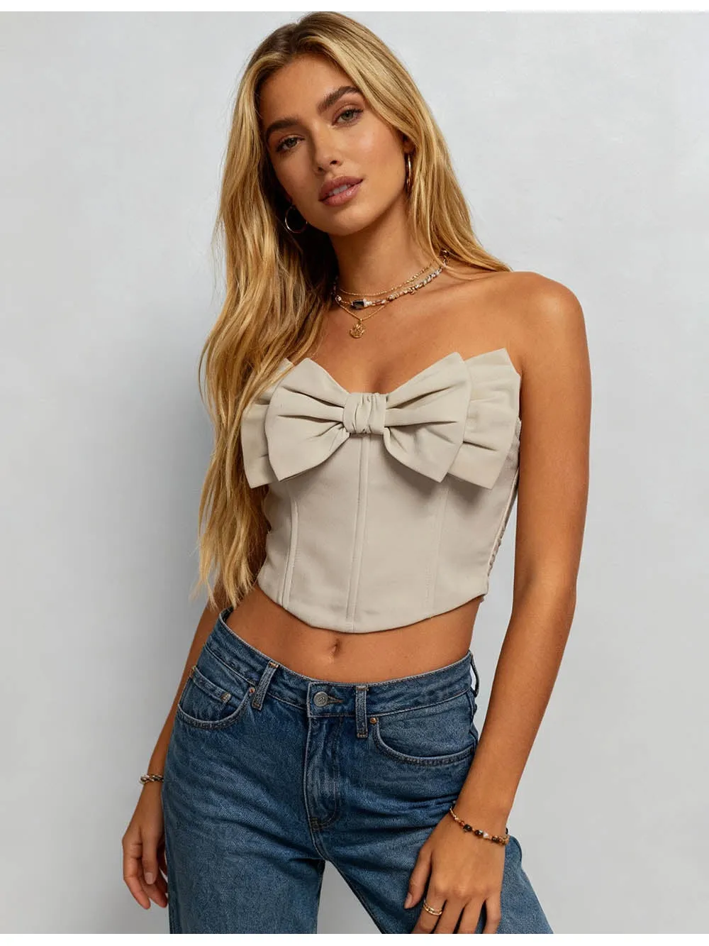 Bow Neck Corset Solid Color Crop Tube Top